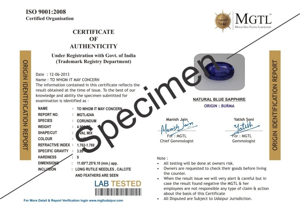 Gem Origin Authentication Report MGTL Udaipur